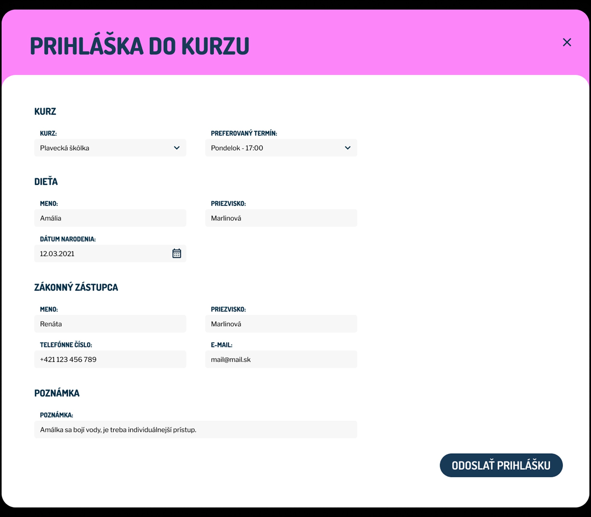 Registration form after